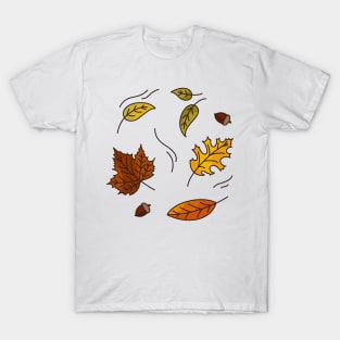 Simple autumn leaves falling acorns orange yellow green minimal cartoon maple tree T-Shirt